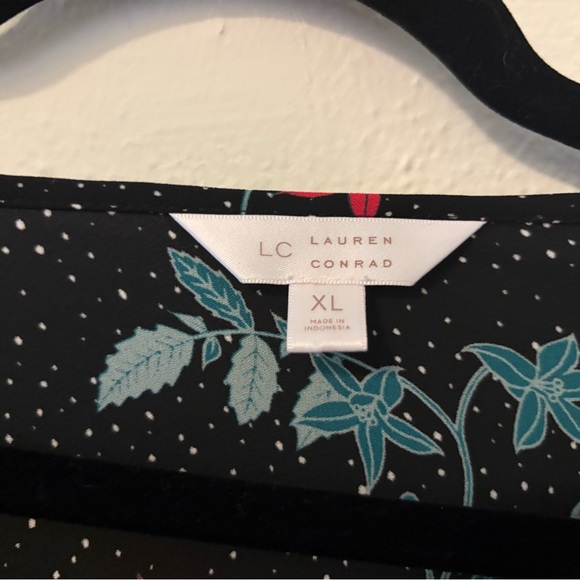 LC Lauren Conrad Black Floral Blouse with Red & Teal Accents - Picture 2 of 2